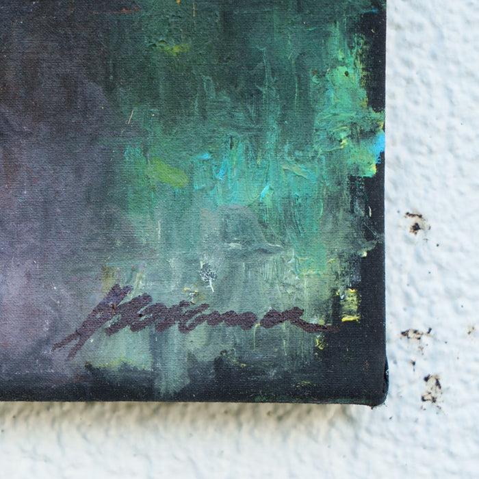 Abstraktes Gemälde „RE 34“ von Mark Hellbusch, Öl auf Leinwand, 30 × 24 cm, gedämpfte Grün-, Blau- und Violetttöne, vielschichtige experimentelle Oberfläche (Signatur).