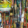 "RE 1" (Nahaufnahme) ist das Ergebnis eines kreativen Experiments und ein herausragendes Beispiel für zeitgenössische Kunst. Dieses 2012 entstandene Wandobjekt zeigt alte Pinsel, Tuben, Farbroller und mehr, hinter Glas und Rahmen arrangiert. Die lebendigen, trockenen Farben verschmelzen auf einzigartige Weise mit dem ursprünglichen Holz der Utensilien. Die vertikale und dichte Anordnung erzeugt eine harmonische Symphonie aus Farben und Texturen. ARTLET | Atelier Hellbusch