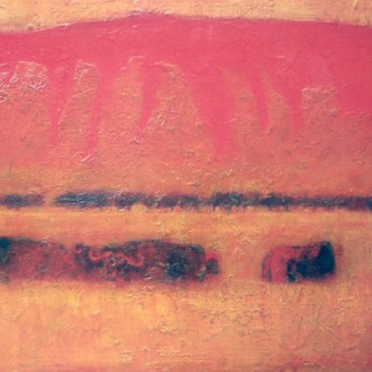 Redwind, Buffalos and Landscape – Ölbild mit Büffelherde in roter Savanne, fossile Technik, expressive Tiermalerei, Atelier Hellbusch.