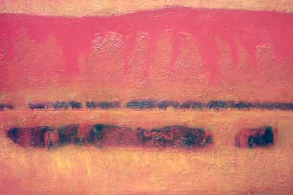 Redwind, Buffalos and Landscape – Ölbild mit Büffelherde in roter Savanne, fossile Technik, expressive Tiermalerei, Atelier Hellbusch.