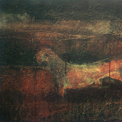 Redwind and Cheetahs – Ölbild mit zwei Geparden, 2005, rotbraune Farbpalette, fossile Technik mit strukturierter Oberfläche, Atelier Hellbusch.