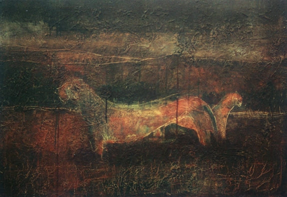Redwind and Cheetahs – Ölbild mit zwei Geparden, 2005, rotbraune Farbpalette, fossile Technik mit strukturierter Oberfläche, Atelier Hellbusch.