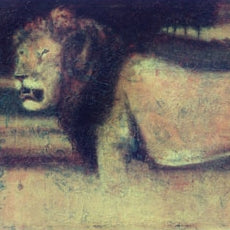 Redwind and Lion II – Ölbild mit Löwe in weiter Landschaft, 2006, fossile Technik in Rot- und Brauntönen, afrikanische Tiermalerei, Atelier Hellbusch.