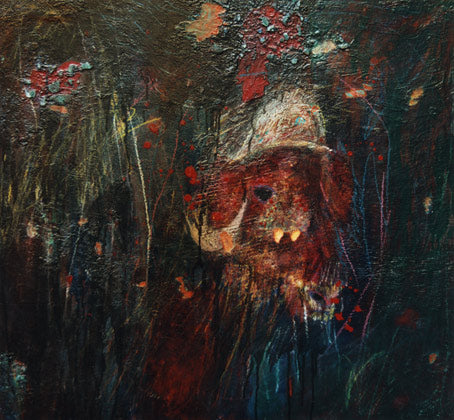 Redwind and Musk Ox – Ölbild mit Moschusochse, dunkle Rottöne, fossile Malerei, afrikanisch-expressive Tierdarstellung, Atelier Hellbusch.