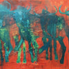 Redwind and Wildebeests – Ölmalerei 2003, Herde von Gnus in Blau und Grün vor rotem Hintergrund, expressive Tierdarstellung in fossiler Technik, Atelier Hellbusch.
