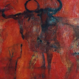 Redwind and Wildebeests II – Ölmalerei 2005, zwei Gnus im Hochformat vor rotem Hintergrund, fossile Technik mit Struktur und Lasuren, Atelier Hellbusch.