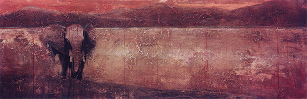 Ölgemälde „Redwind and Elephant“ in Rot- und Brauntönen, abstrakt-expressive Malerei mit afrikanischem Elefantenmotiv, verkauft, Atelier Hellbusch