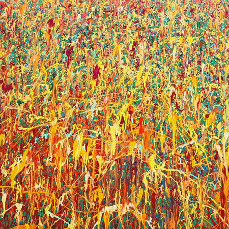 Runde abstrakte Kunst in leuchtenden Farben, Claim 154 (Ausschnitt), Acryl und Lack auf Leinwand, 120 cm Durchmesser, zeitgenössische abstrakte Kunst, Atelier Hellbusch.