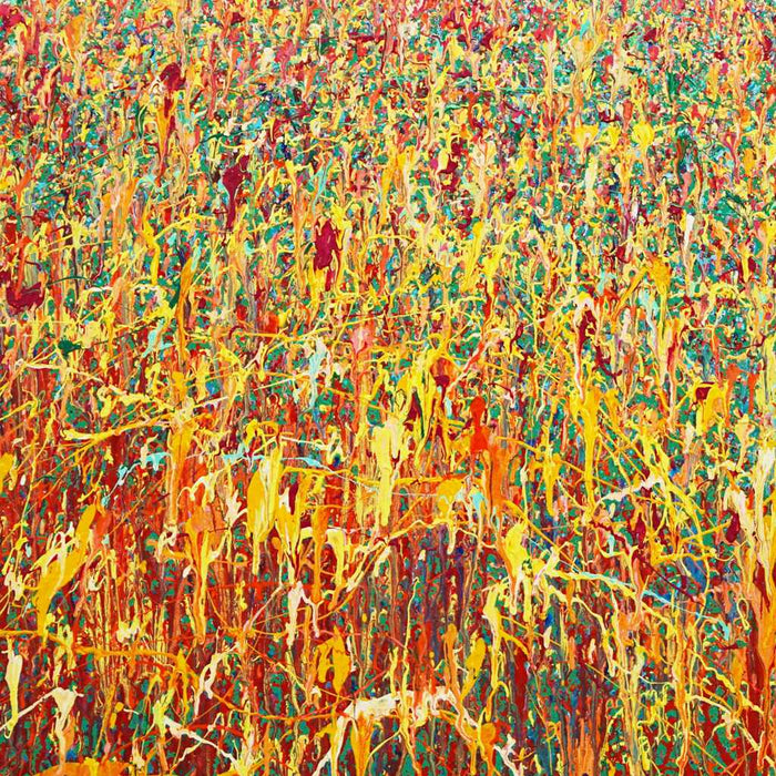 Runde abstrakte Kunst in leuchtenden Farben, Claim 154 (Ausschnitt), Acryl und Lack auf Leinwand, 120 cm Durchmesser, zeitgenössische abstrakte Kunst, Atelier Hellbusch.