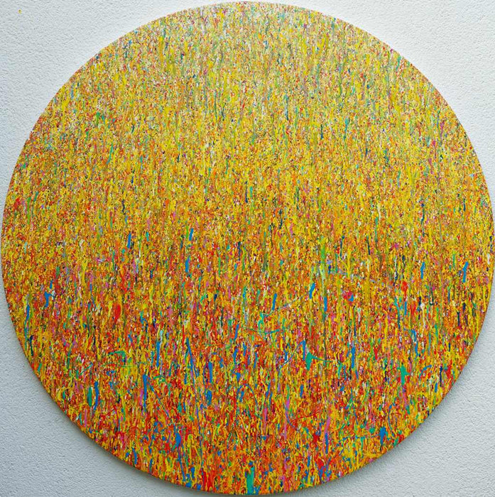 Rundes abstraktes Acrylgemälde in Gelb, Türkis und Pink – Mark Hellbusch – Claim 151 – 140 cm Durchmesser – modernes Kunstunikat 2025