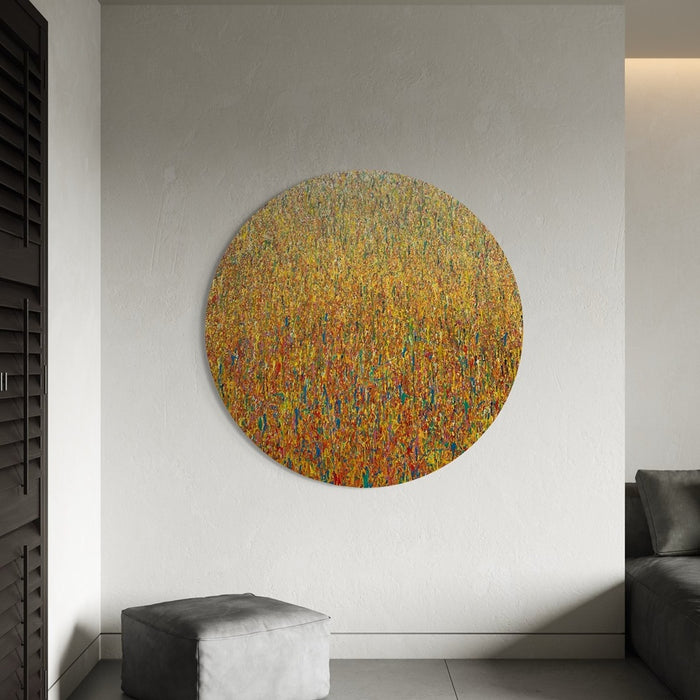 Rundes abstraktes Acrylgemälde (in situ) in Gelb, Türkis und Pink – Mark Hellbusch – Claim 151 – 140 cm Durchmesser – modernes Kunstunikat 2025