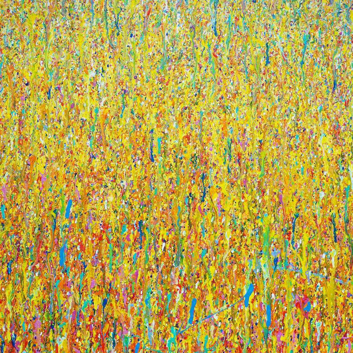 Rundes abstraktes Acrylgemälde (Ausschnitt) in Gelb, Türkis und Pink – Mark Hellbusch – Claim 151 – 140 cm Durchmesser – modernes Kunstunikat 2025