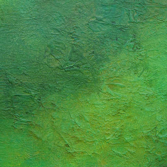 Abstraktes Gemälde „Sandra“ mit grünen Farbflächen und organischen Strukturen, 100 × 130 cm, 2023, Acryl auf Leinwand – Atelier Hellbusch