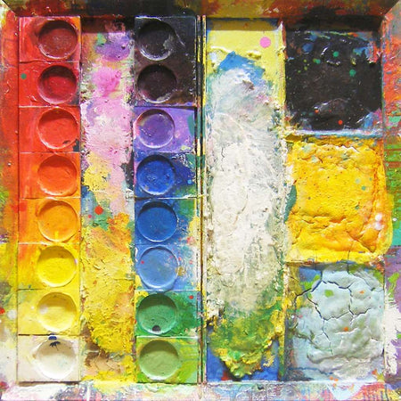 Abstraktes Farbkasten-Gemälde „Savannah“ (80 × 80 × 4 cm, 2014) – warme Gelb-, Orange- und Rottöne kombiniert mit Blau, Grün und Weiß. Pastose Struktur erinnert an Landschaft und Hitze. Heute in Privatbesitz. Atelier Hellbusch