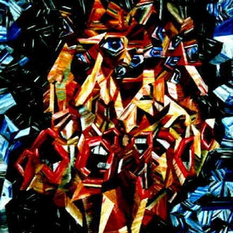 Schwätzender Mensch – Acrylbild, kubistische Figur in Bewegung, facettierte Malerei in Blau und Rot, 1989, Atelier Hellbusch.