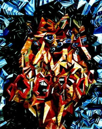 Schwätzender Mensch – Acrylbild, kubistische Figur in Bewegung, facettierte Malerei in Blau und Rot, 1989, Atelier Hellbusch.
