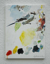 Expressives Gemälde eines seltenen Vogels in abstrakter Form mit dynamischen Pinselstrichen in Braun, Blau und Gelb auf Leinwand, 40x30 cm, 2024. Künstler: Mark Hellbusch aus Wiesbaden.