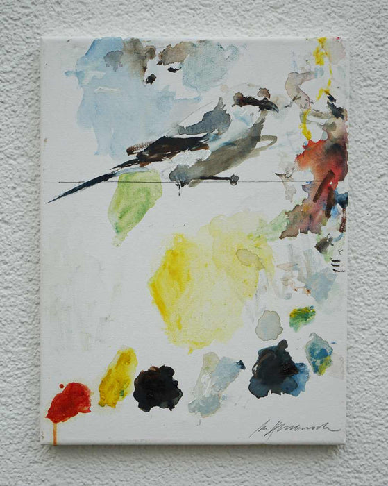 Expressives Gemälde eines seltenen Vogels in abstrakter Form mit dynamischen Pinselstrichen in Braun, Blau und Gelb auf Leinwand, 40x30 cm, 2024. Künstler: Mark Hellbusch aus Wiesbaden.