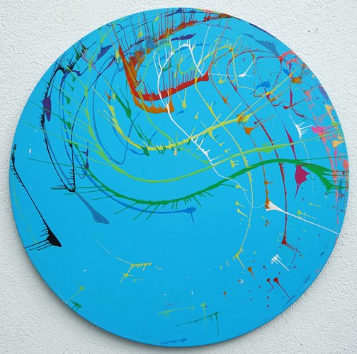 Abstraktes kreisförmiges Gemälde mit dynamischen Farbspritzern. ARTLET - Atelier Hellbusch