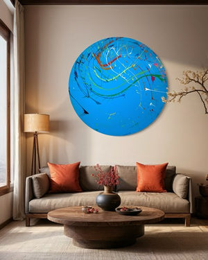 Abstraktes kreisförmiges Gemälde mit dynamischen Farbspritzern. Kunstwerk im Wohnraum präsentiert. ARTLET - Atelier Hellbusch