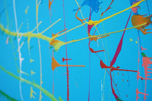 Abstraktes kreisförmiges Gemälde mit dynamischen Farbspritzern (Seitenperspektive und Nahaufnahme). ARTLET - Atelier Hellbusch