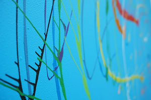Abstraktes kreisförmiges Gemälde mit dynamischen Farbspritzern (Seitenperspektive und Nahaufnahme). ARTLET - Atelier Hellbusch