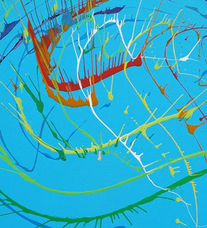 Abstraktes kreisförmiges Gemälde mit dynamischen Farbspritzern (Ausschnitt). ARTLET - Atelier Hellbusch
