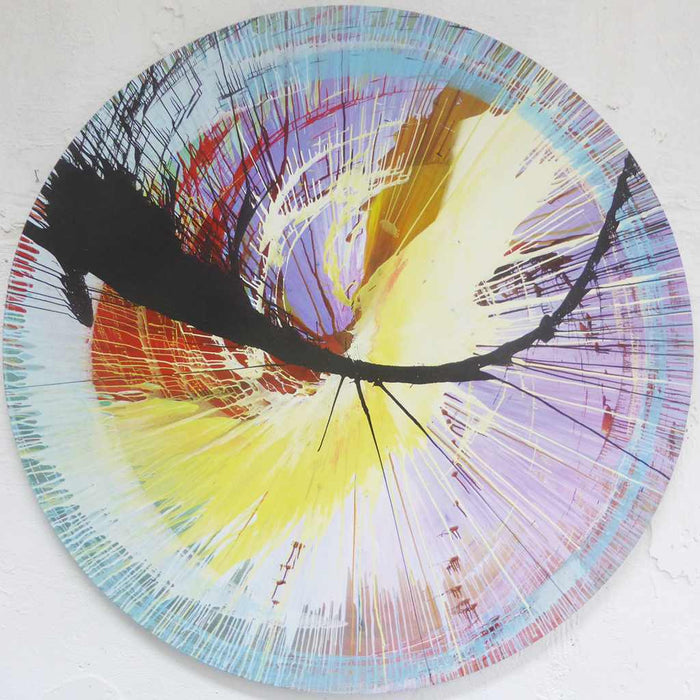 Rundes Gemälde „Splash 1“ mit dynamischer Farbexplosion in Gelb, Rot, Schwarz und Violett, moderne experimentelle Malerei voller Energie, Atelier Hellbusch