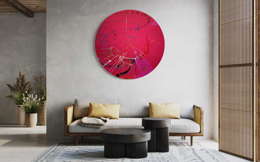 Gemälde Splash 51 (in situ): Große, runde Leinwand mit magentafarbenem Hintergrund und dynamischen, bunten Farbspritzern in Blau, Grün, Gelb, Rot, Weiß und Schwarz. Moderne, experimentelle Kunst von Mark Hellbusch, 2024.
