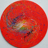 Dynamisches Actionpainting "Splash 58" auf runder Leinwand, 140 cm Durchmesser, gemalt 2024 von Mark Hellbusch.