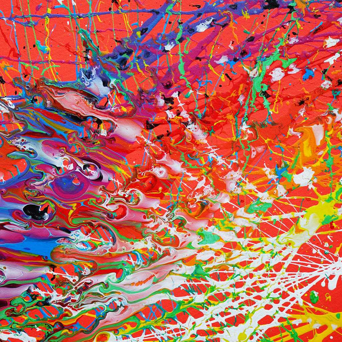 Dynamisches Actionpainting "Splash 58" (Nahaufnahme) auf runder Leinwand, 140 cm Durchmesser, gemalt 2024 von Mark Hellbusch.