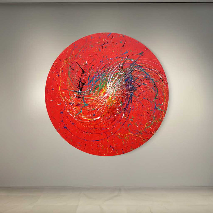 Dynamisches Actionpainting "Splash 58" auf runder Leinwand, 140 cm Durchmesser, gemalt 2024 von Mark Hellbusch.