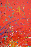 Dynamisches Actionpainting "Splash 58" auf runder Leinwand, 140 cm Durchmesser, gemalt 2024 von Mark Hellbusch (Nahaufnahme).