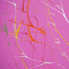 Gemälde Splash 60 (Nahansicht): Runde Leinwand mit einem pinken Hintergrund und dynamischen Farbspritzern in Weiß, Gelb, Grün, Blau, Rot und Orange. Zeitgenössische, abstrakte Kunst von Mark Hellbusch,2024