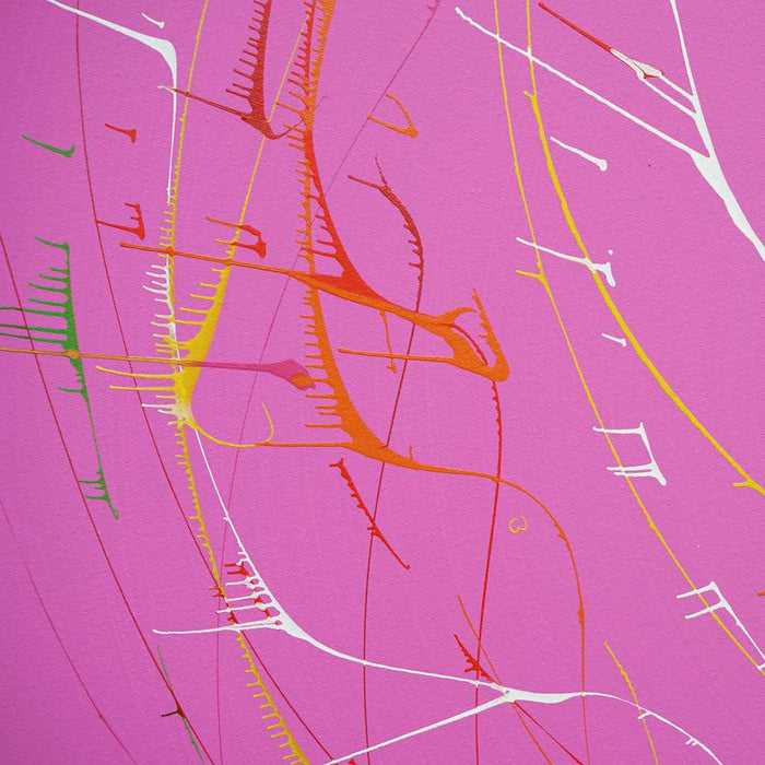 Gemälde Splash 60 (Nahansicht): Runde Leinwand mit einem pinken Hintergrund und dynamischen Farbspritzern in Weiß, Gelb, Grün, Blau, Rot und Orange. Zeitgenössische, abstrakte Kunst von Mark Hellbusch,2024