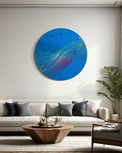 "Splash 65" (in situ), ein rundes Gemälde mit einem Durchmesser von 120 cm, zeigt eine lebendige Mischung aus blauen, roten, gelben, grünen und weißen Farbspritzern, die Dynamik und Eleganz vereinen. Kunstwerk des Atelier Hellbusch.