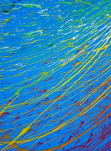 "Splash 65" (Detail), ein rundes Gemälde mit einem Durchmesser von 120 cm, zeigt eine lebendige Mischung aus blauen, roten, gelben, grünen und weißen Farbspritzern, die Dynamik und Eleganz vereinen. Kunstwerk des Atelier Hellbusch.