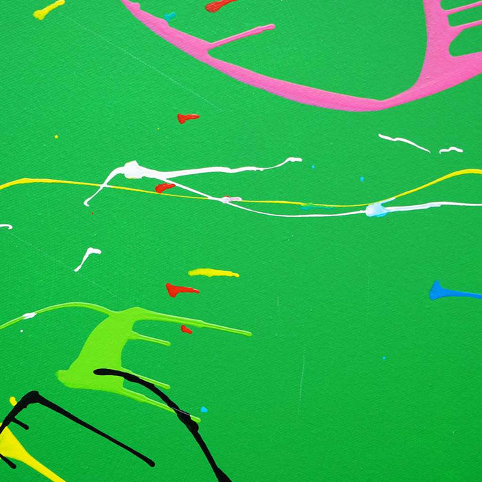 'Splash 68' (Ausschnitt)– Buntes abstraktes Gemälde auf grünem Hintergrund, ideal als Dekoration für Zuhause, von Mark Hellbusch.