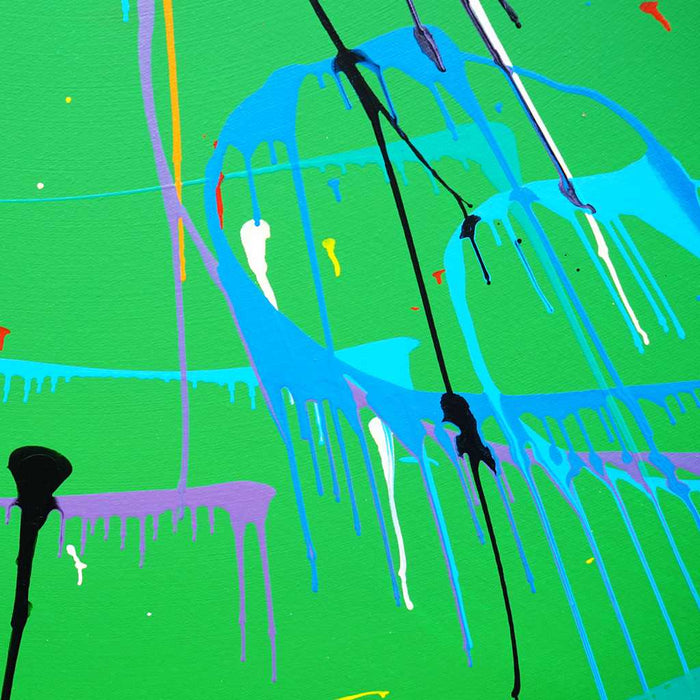 'Splash 68' (Ausschnitt)– Buntes abstraktes Gemälde auf grünem Hintergrund, ideal als Dekoration für Zuhause, von Mark Hellbusch.