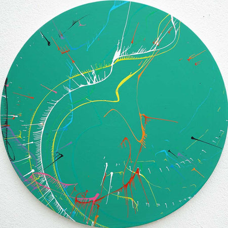 Abstraktes Gemälde "Splash 70" in den Farben Grün, Rot, Blau und Weiß, 120 cm Durchmesser, moderne Kunst für Ihr Zuhause. Künstler: Mark Hellbusch.