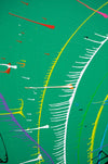 Abstraktes Gemälde "Splash 70" (Nahaufnahme) in den Farben Grün, Rot, Blau und Weiß, 120 cm Durchmesser, moderne Kunst für Ihr Zuhause. Künstler: Mark Hellbusch.