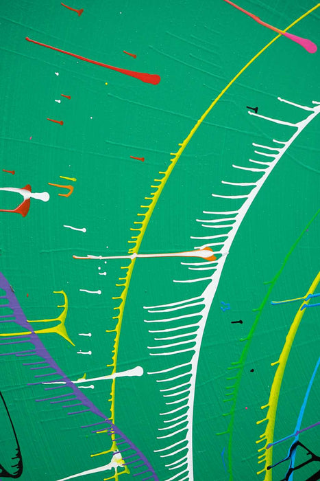 Abstraktes Gemälde "Splash 70" (Nahaufnahme) in den Farben Grün, Rot, Blau und Weiß, 120 cm Durchmesser, moderne Kunst für Ihr Zuhause. Künstler: Mark Hellbusch.