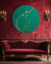 Abstraktes Gemälde "Splash 70" (in situ) in den Farben Grün, Rot, Blau und Weiß, 120 cm Durchmesser, moderne Kunst für Ihr Zuhause. Künstler: Mark Hellbusch.