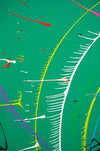 Abstraktes Gemälde "Splash 70" (Detail) in den Farben Grün, Rot, Blau und Weiß, 120 cm Durchmesser, moderne Kunst für Ihr Zuhause. ARTLET - Atelier Hellbusch.