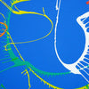 Das Gemälde "Splash 72" (Ausschnitt) zeigt eine dynamische Komposition aus einer blauen Basis, ergänzt durch Akzente in Rot, Grün, Gelb und Weiß. Die abstrakten Pinselstriche verleihen dem Bild eine moderne und energetische Ausstrahlung, ideal für die Wohnraumgestaltung. Atelier Hellbusch.