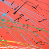 Rundes, modernes Gemälde "Splash 76" (Ausschnitt) in leuchtendem Rot mit dynamischen weißen, gelben und blauen Linien. Einzigartige Kunst für kreative Raumgestaltung von Mark Hellbusch.