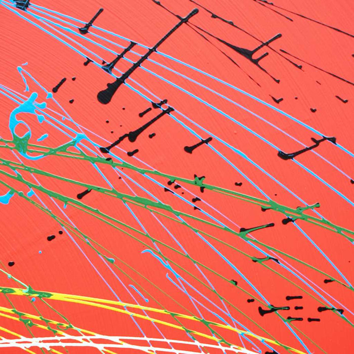 Rundes, modernes Gemälde "Splash 76" (Ausschnitt) in leuchtendem Rot mit dynamischen weißen, gelben und blauen Linien. Einzigartige Kunst für kreative Raumgestaltung von Mark Hellbusch.