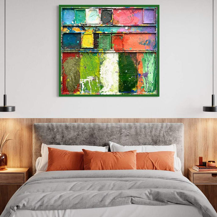 "Swamp" zeigt moderne Malerei auf einem Malobjekt (87 x 80 cm, in Situation). Zu sehen ist das Gemälde in Wiesbaden. In den Mischfächer (unten) sind erdige Farben. Oben befinden sich 7 Farbteller mit den bunten Farben eines Farbkastens. In den Zwischenräumen sind Farbkleckse und -flecken sichtbar. Kunst von Mark Hellbusch. ARTLET - Atelier Hellbusch.