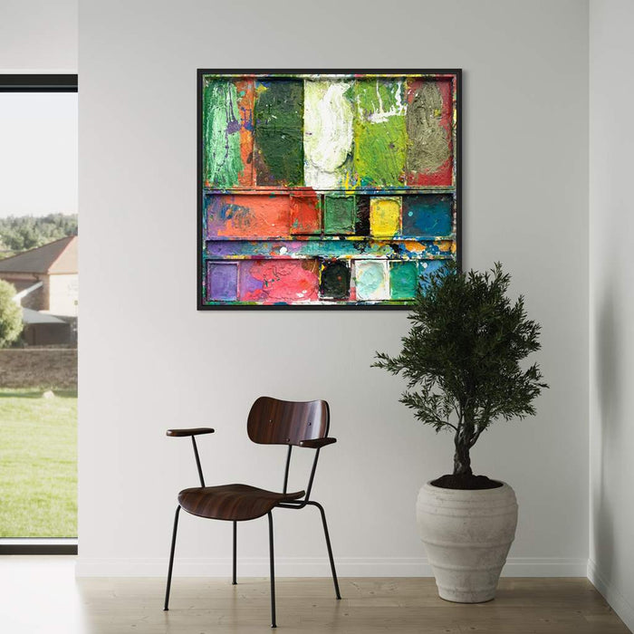 "Swamp" zeigt moderne Malerei auf einem Malobjekt (87 x 80 cm, in Situation). Zu sehen ist das Gemälde in Wiesbaden. In den Mischfächer (unten) sind erdige Farben. Oben befinden sich 7 Farbteller mit den bunten Farben eines Farbkastens. In den Zwischenräumen sind Farbkleckse und -flecken sichtbar. Kunst von Mark Hellbusch. ARTLET - Atelier Hellbusch.