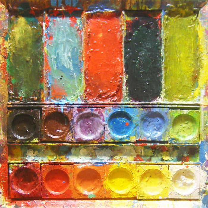 Abstraktes Farbkasten-Gemälde „Urwald“ (80 × 80 × 4 cm, 2014) – Mischtechnik in Grün-, Gelb-, Rot- und dunklen Tönen, pastose Struktur, naturhafte Komposition. Heute in Privatbesitz. Atelier Hellbusch